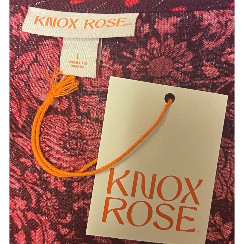 Knox Rose Top Large Red Floral Pullover VNeck Elastic Cuffs Peplum Boho Chic NEW - Picture 6 of 10